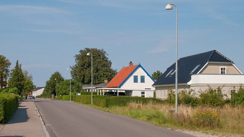 En landevej med huse med rødt og blåt tag omgivet af grønne buske og træer.