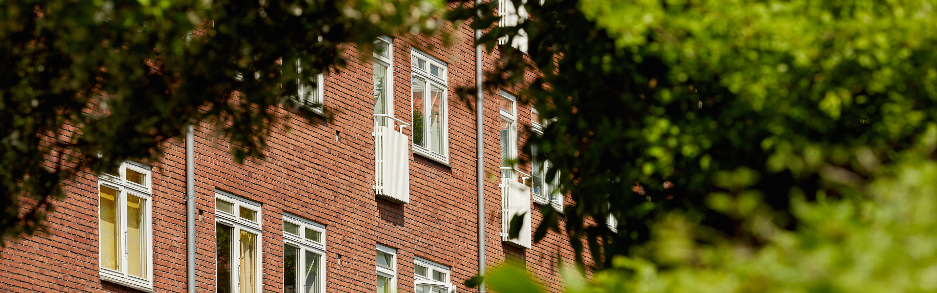 Rød murstensbygning med hvide vinduer og små altaner, delvist skjult af grønne trægrene i forgrunden.